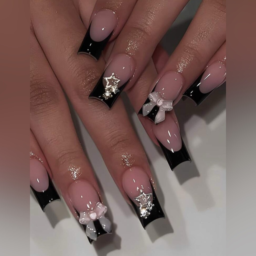 Long Square Press On Nails 24Pcs French Tip Nails with Charms & Rhinestones NWT